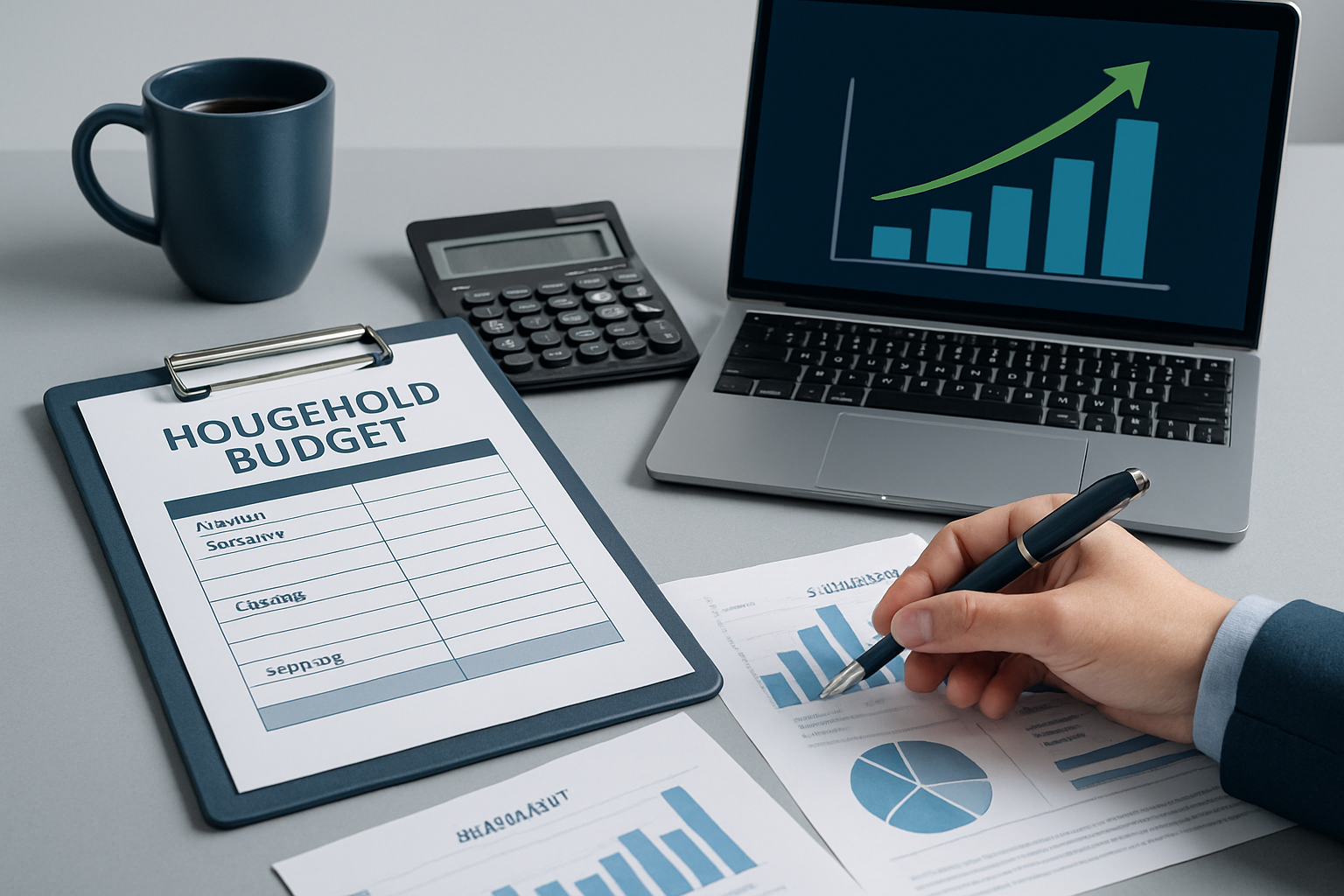 Person erstellt Haushaltsplan mit Taschenrechner und Unterlagen zur Budgetplanung