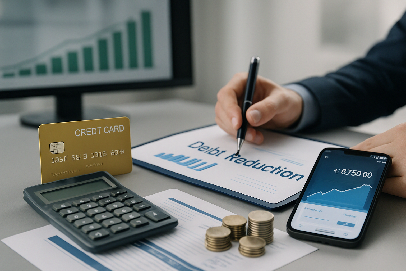 Person plant Abbau von Kreditkartenschulden mit Taschenrechner und mehreren Kreditkarten