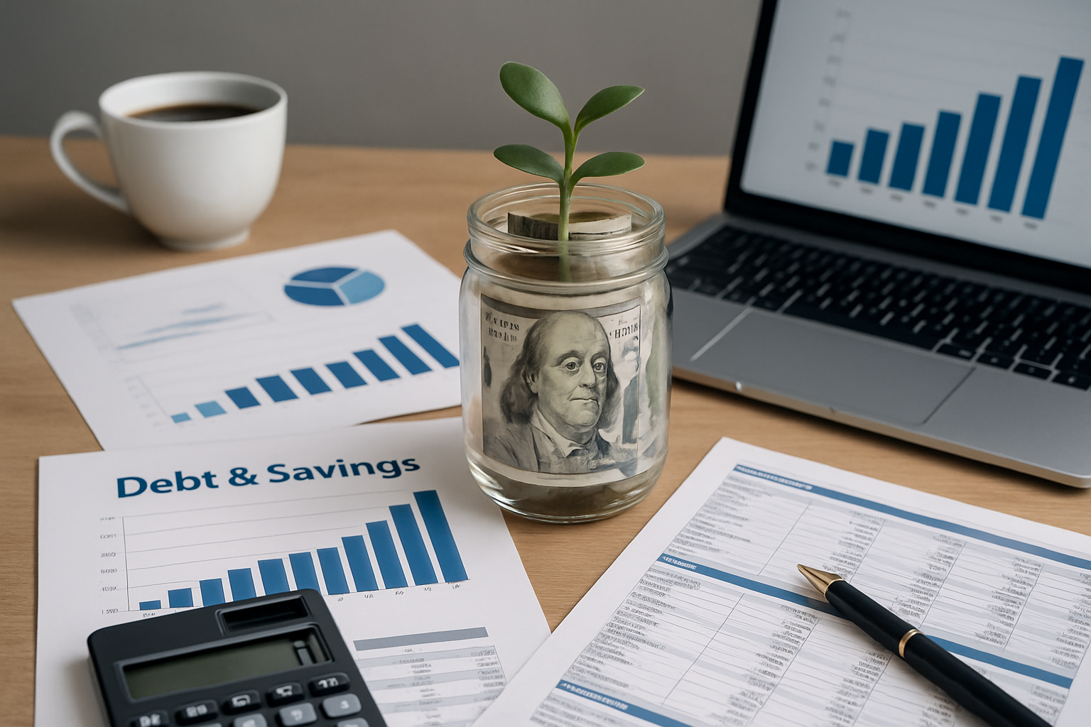 Person legt Münzen in Spardose während Schuldenunterlagen auf dem Tisch liegen - Notgroschen aufbauen trotz Schulden