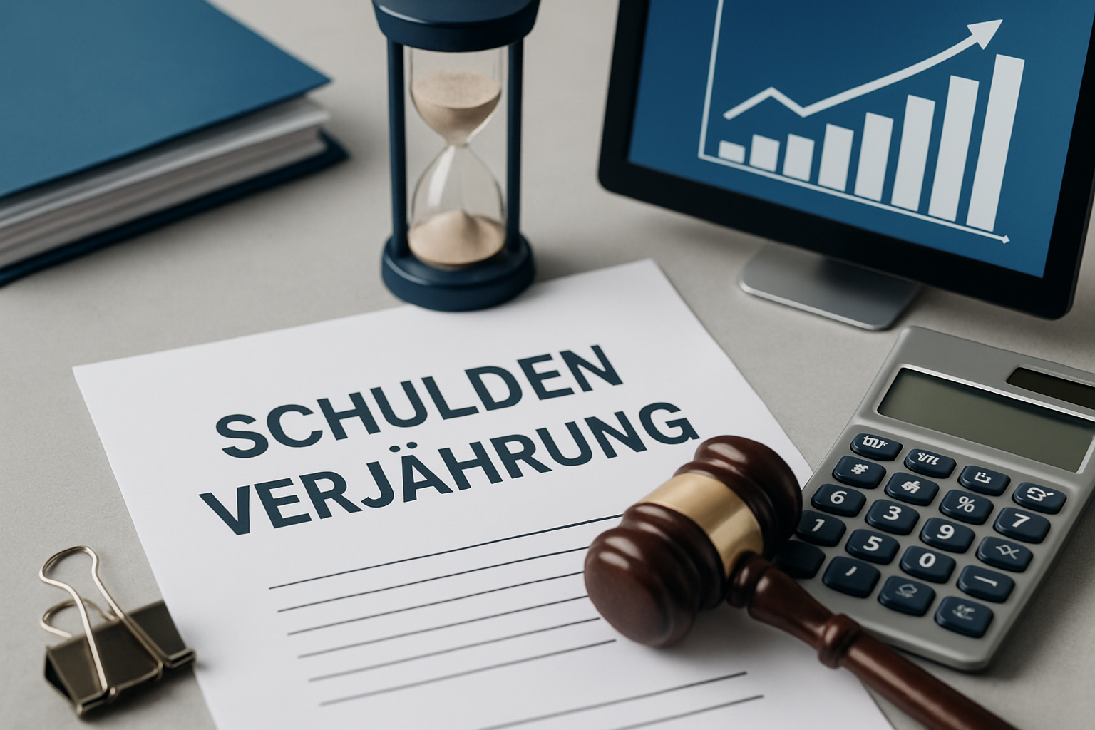 Kalender und Gesetzbuch symbolisieren Verjährungsfristen bei Schulden und Forderungen